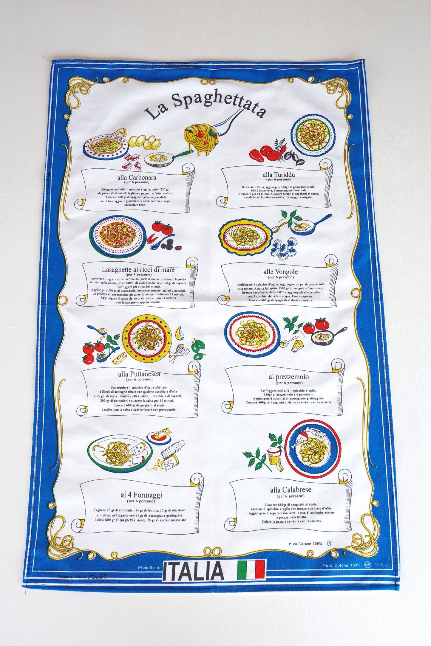 La Spaghettata Cotton Tea Towel Made in Italy Spaghetti Recipe Linen