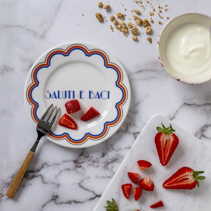 Saluti e Baci - Porcelain Dessert Plate with Writing Made in Italy