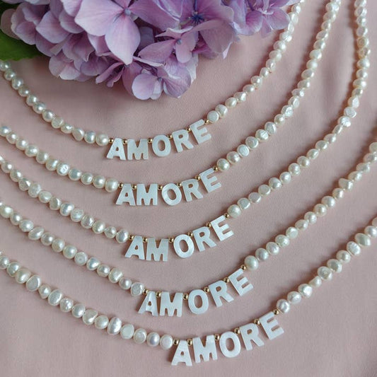 Amore Freshwater Pearl Necklace with Mother of Pearl Letters - Handmade in Italy