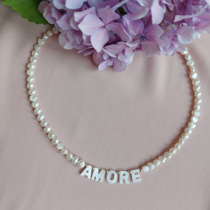 Amore Freshwater Pearl Necklace with Mother of Pearl Letters - Handmade in Italy