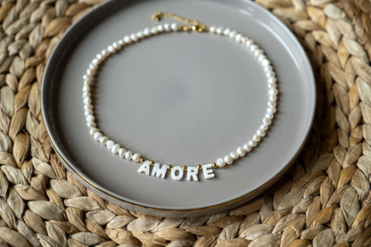 Amore Freshwater Pearl Necklace with Mother of Pearl Letters - Handmade in Italy