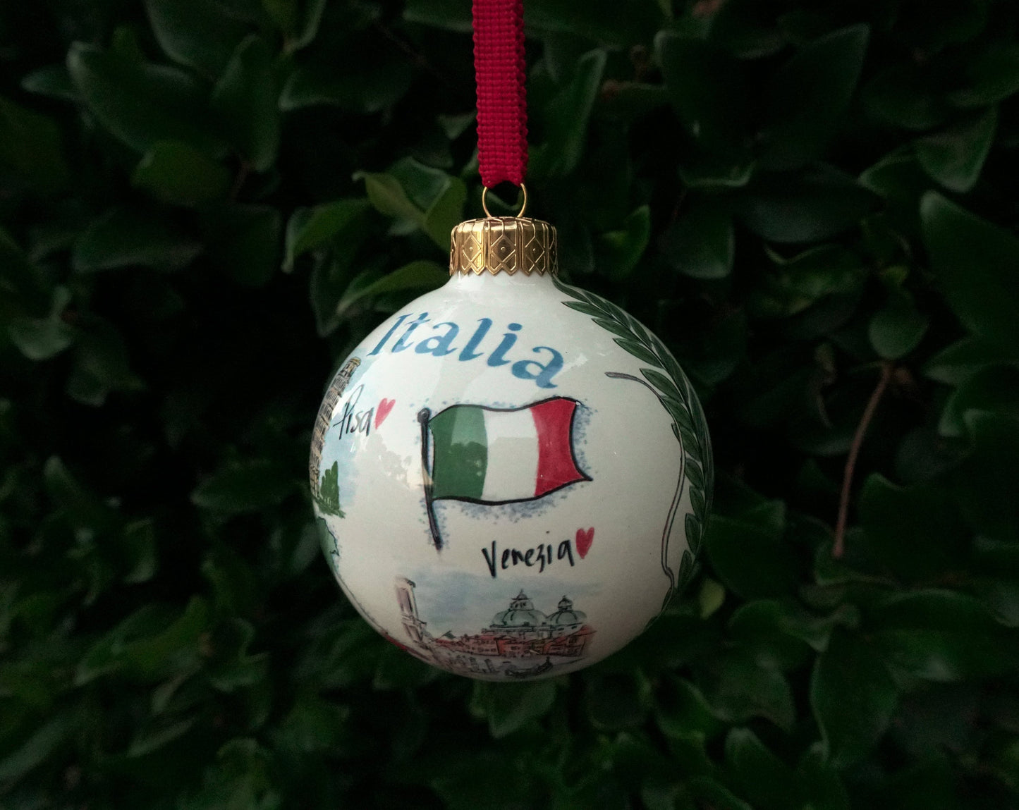 Italia Pisa and Venezia Christmas Ornament Made in Italy Glass Decor Italian Map and Boot Venice Themed