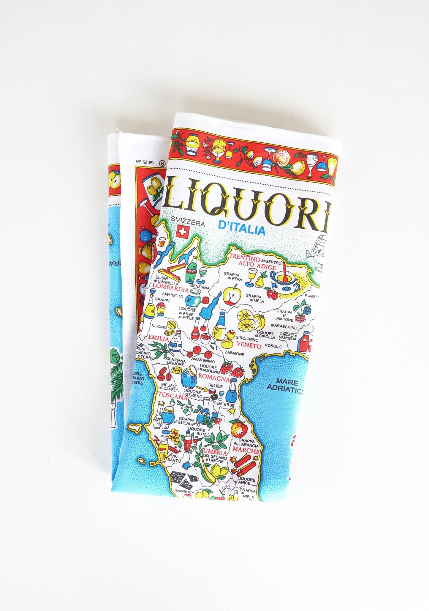 Liquori d’Italia – Region Liquor Map – Italian Cotton Tea Towel – Made in Italy