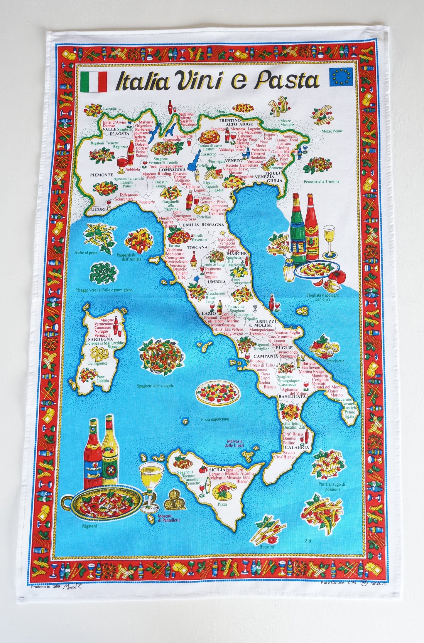 Italia Vini e Pasta – Wine and Pasta Regional Map – Italian Cotton Tea Towel – Made in Italy