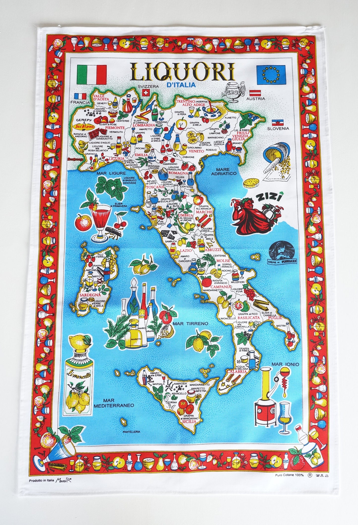 Liquori d’Italia – Region Liquor Map – Italian Cotton Tea Towel – Made in Italy