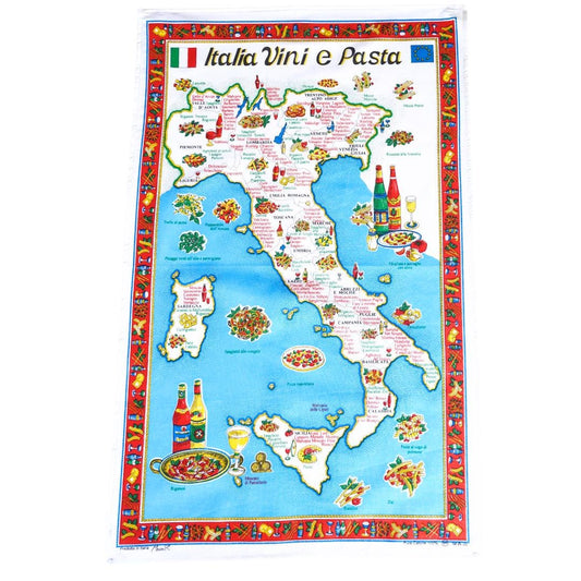 Italia Vini e Pasta – Wine and Pasta Regional Map – Italian Cotton Tea Towel – Made in Italy