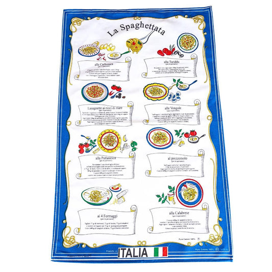 La Spaghettata Cotton Tea Towel Made in Italy Spaghetti Recipe Linen